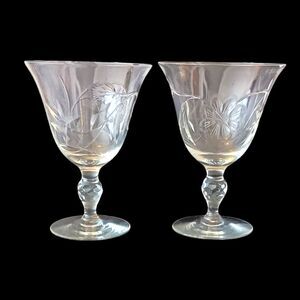 2 Vintage Goblets Cut Etched Glass Floral & Vine Wedding Elegant Bulbous Stem